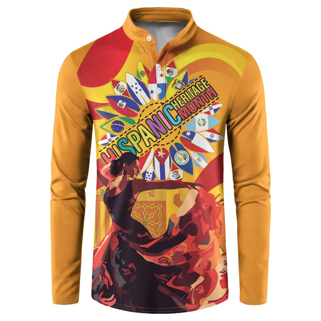 Gold button henley sweatshirt with colorful Hispanic Heritage star graphic