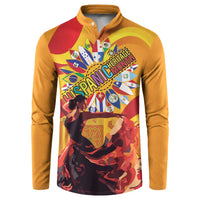 Gold button henley sweatshirt with colorful Hispanic Heritage star graphic