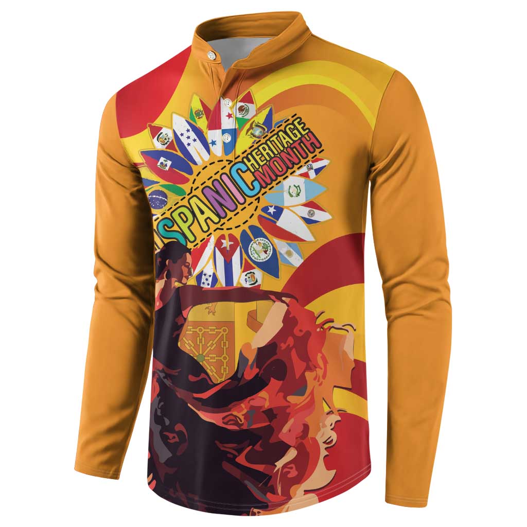 Gold button henley sweatshirt, front view with large starburst heritage print