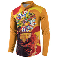 Gold button henley sweatshirt, front view with large starburst heritage print