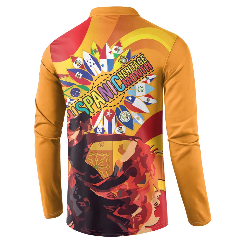 Gold button henley sweatshirt, back view with starburst 'Hispanic Heritage' print