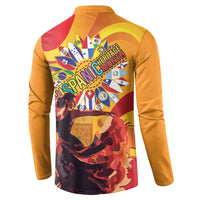 Gold button henley sweatshirt, back view with starburst 'Hispanic Heritage' print