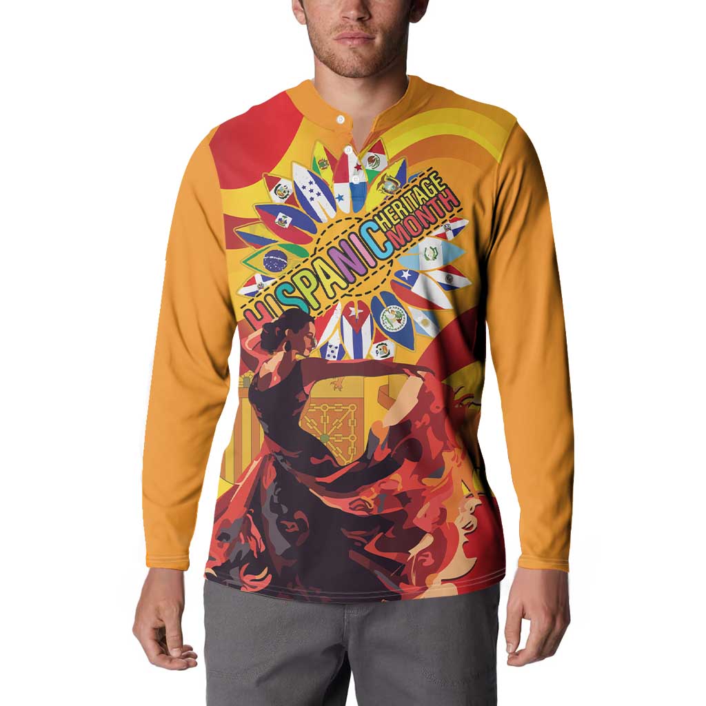 Gold button henley sweatshirt with starburst front graphic and multicolor pattern