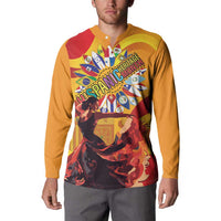 Gold button henley sweatshirt with starburst front graphic and multicolor pattern
