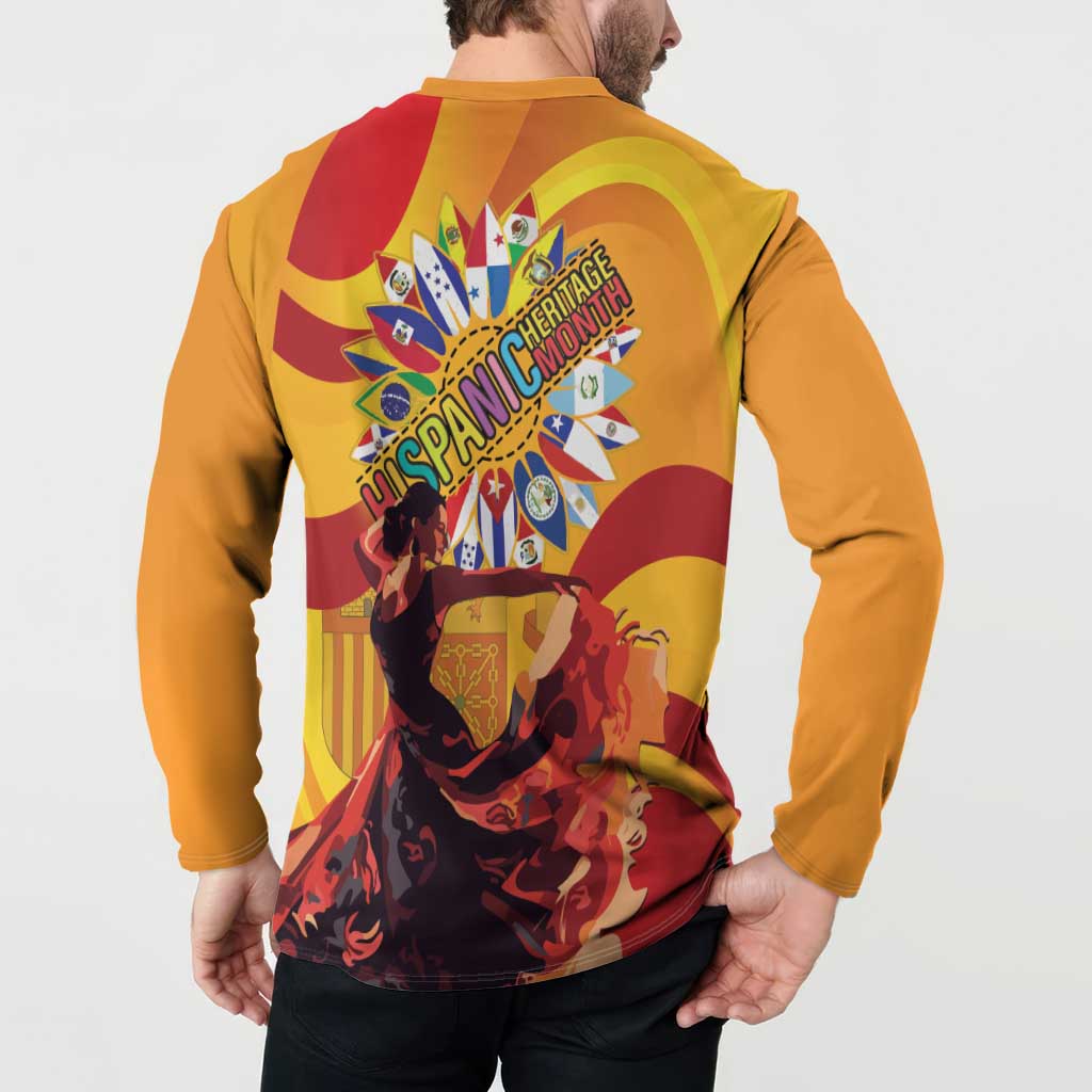 Gold button henley sweatshirt, back view with large starburst graphic and figures