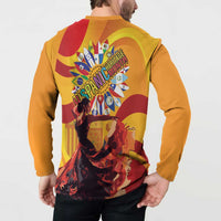 Gold button henley sweatshirt, back view with large starburst graphic and figures