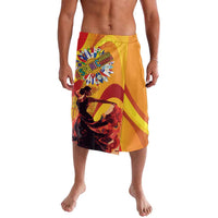 Yellow printed lava lava wrap skirt with festival graphic and colorful figure print
