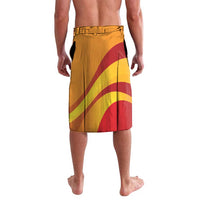 Yellow lava lava wrap skirt with red and green diagonal stripe panel detail