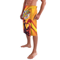 Yellow printed lava lava wrap skirt with central festival poster-style artwork