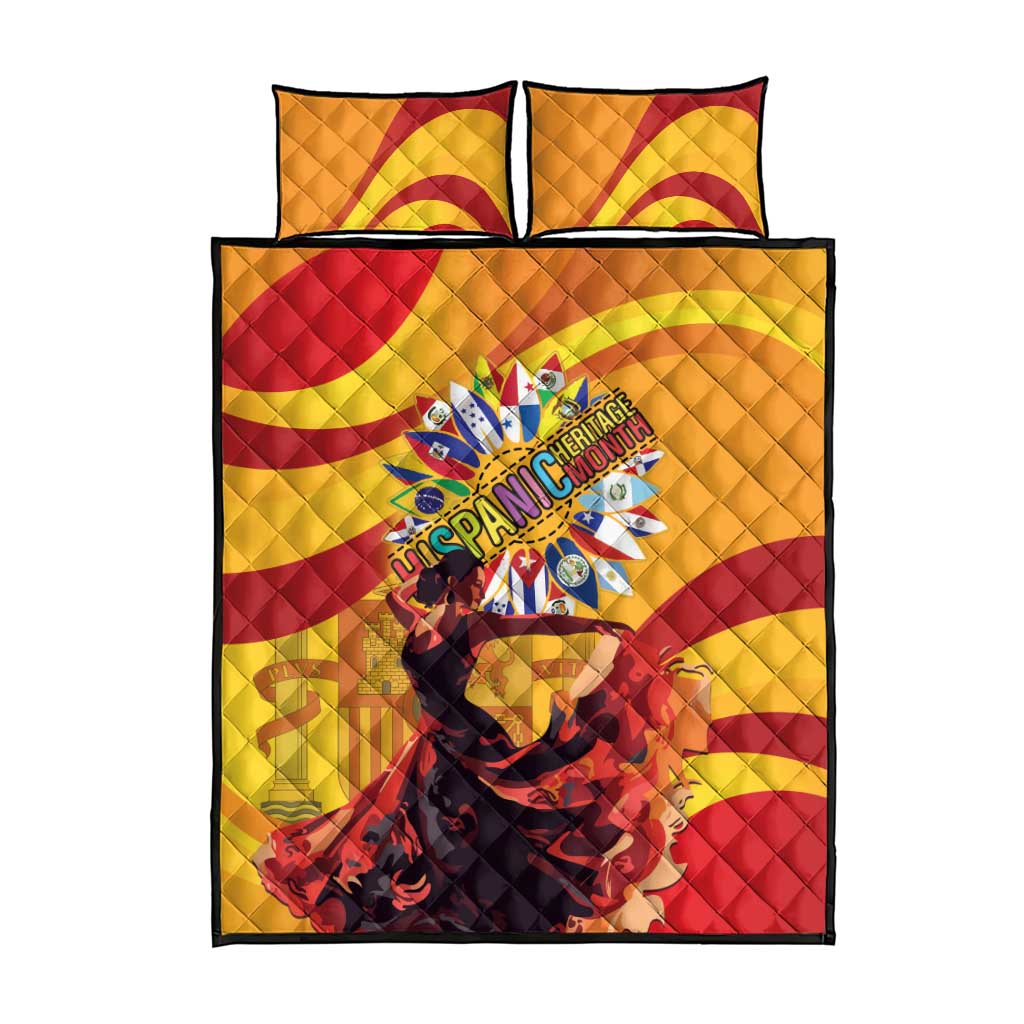 Yellow quilt with red wave trim, Hispanic Heritage Month emblem, plus two matching pillow shams.