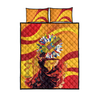 Yellow quilt with red wave trim, Hispanic Heritage Month emblem, plus two matching pillow shams.