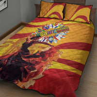 Yellow quilt bed set with red stripes, flamenco dancer artwork, and two matching pillow shams.