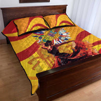 Yellow quilt bed set with red diagonal stripes and flamenco dancer graphic, two matching pillow shams.