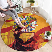 Yellow round rug, red and yellow border, bold central poster-style graphic