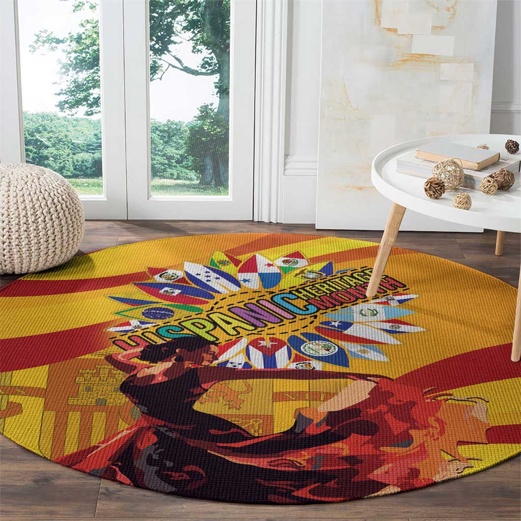 Yellow round rug with red striping, central colorful heritage emblem and silhouettes