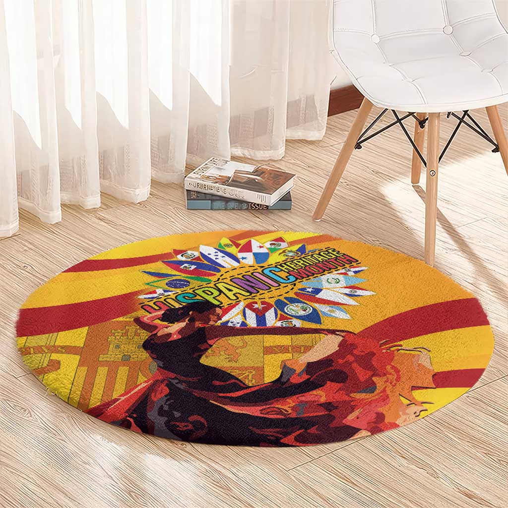 Yellow round rug with red and patterned border, colorful heritage emblem
