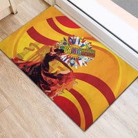 Yellow rubber doormat featuring red curved stripes and flamenco dancer artwork