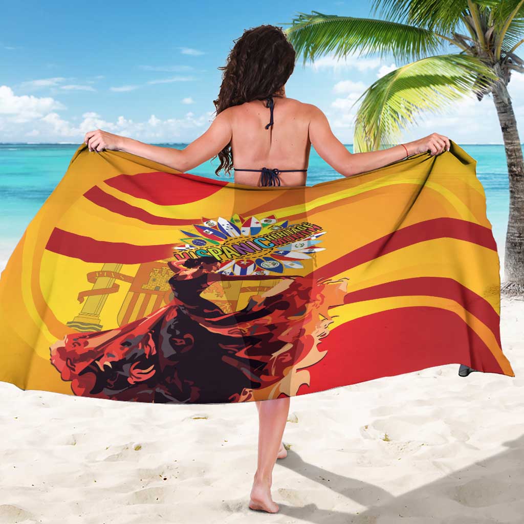 Yellow and maroon sarong draped across back with central crest and curved stripes
