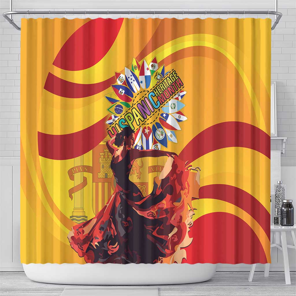 Yellow shower curtain with red stripe arcs and colorful heritage text emblem with dancer