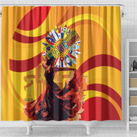 Yellow shower curtain panel with red stripes and centered heritage emblem and dancer illustration