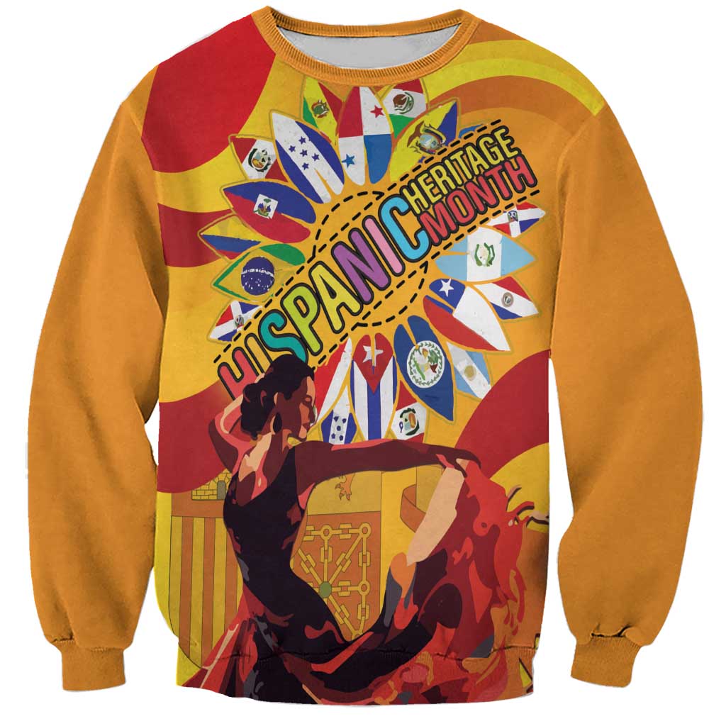 Unisex yellow crewneck sweatshirt with colorful Hispanic-style festival graphic on front