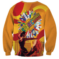 Unisex yellow crewneck sweatshirt with colorful festival graphic centered on back