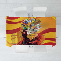 Rectangular tablecloth with yellow and red striped flamenco-style illustration