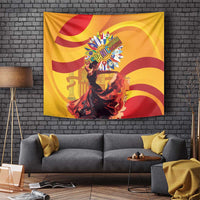 Yellow flamenco wall tapestry with red dancer illustration and central ribboned emblem