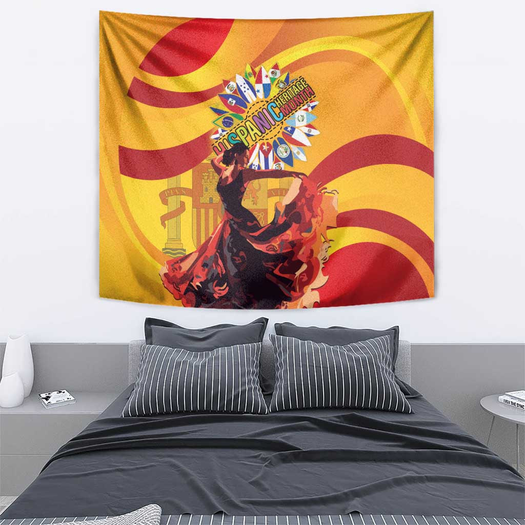 Yellow hanging flamenco tapestry with red woman and man figures beneath a starburst badge