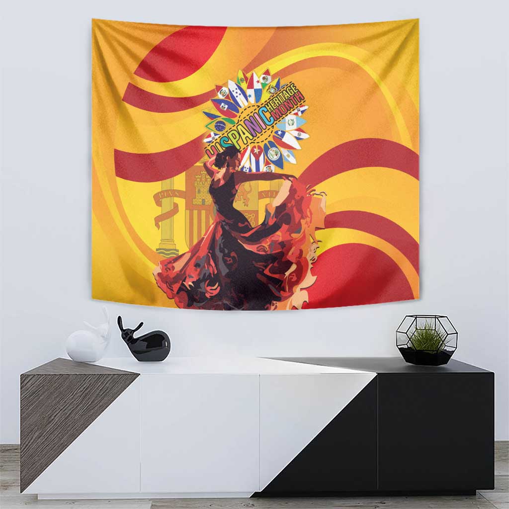 Yellow rectangular flamenco tapestry featuring red dancer couple and sunburst badge