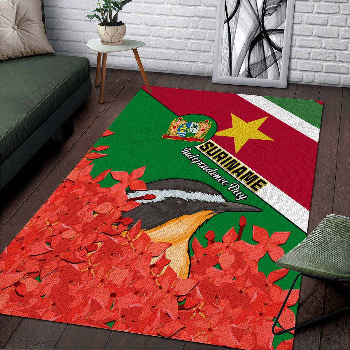 Suriname Independence Day Area Rug Lesser Kiskadee With Scarlet Jungle Flame Flower - Wonder Print Shop