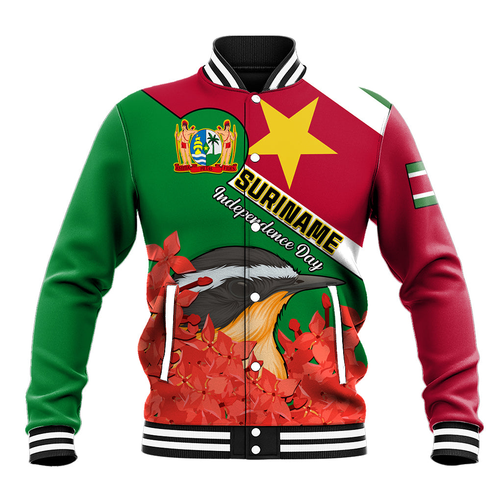 Personalised Suriname Independence Day Baseball Jacket Lesser Kiskadee With Scarlet Jungle Flame Flower - Wonder Print Shop