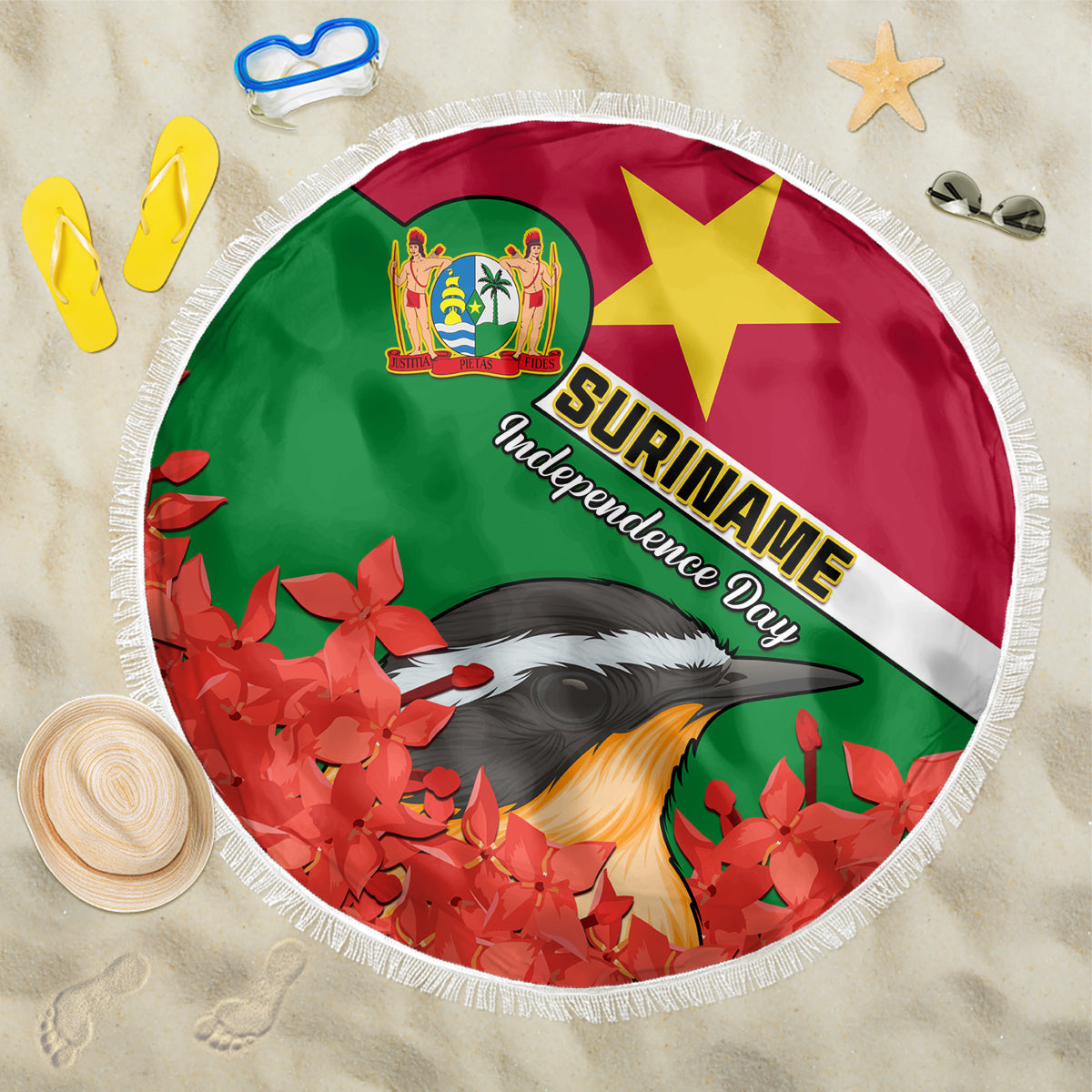 Suriname Independence Day Beach Blanket Lesser Kiskadee With Scarlet Jungle Flame Flower - Wonder Print Shop