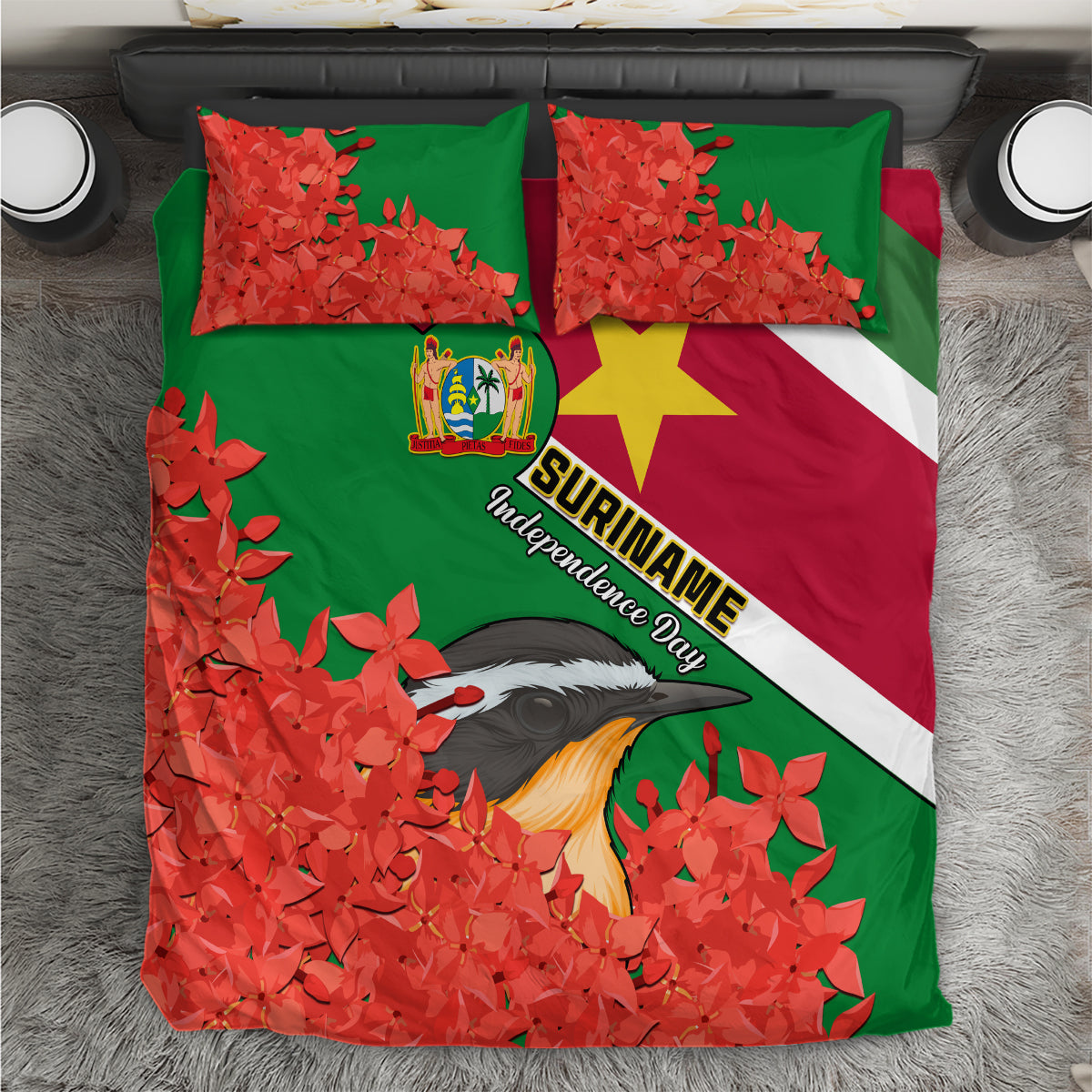 Suriname Independence Day bedding set with green, red, white flag design and bird print