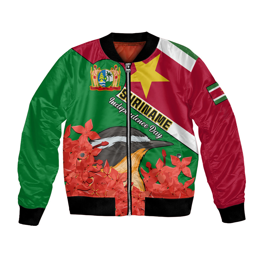 Personalised Suriname Independence Day Bomber Jacket Lesser Kiskadee With Scarlet Jungle Flame Flower - Wonder Print Shop