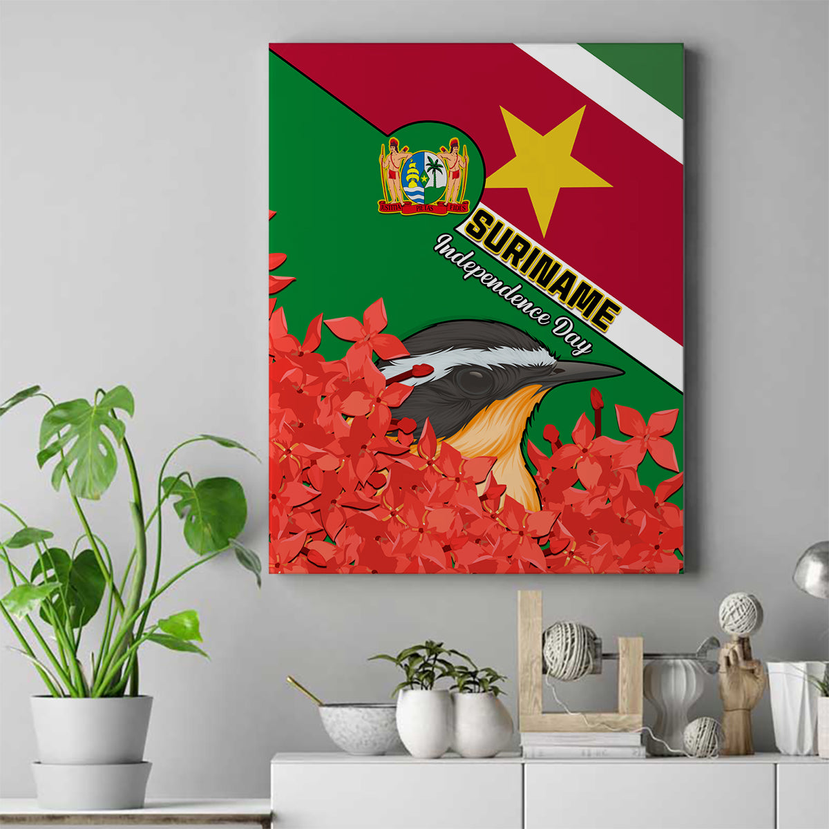 Suriname Independence Day Canvas Wall Art Lesser Kiskadee With Scarlet Jungle Flame Flower - Wonder Print Shop