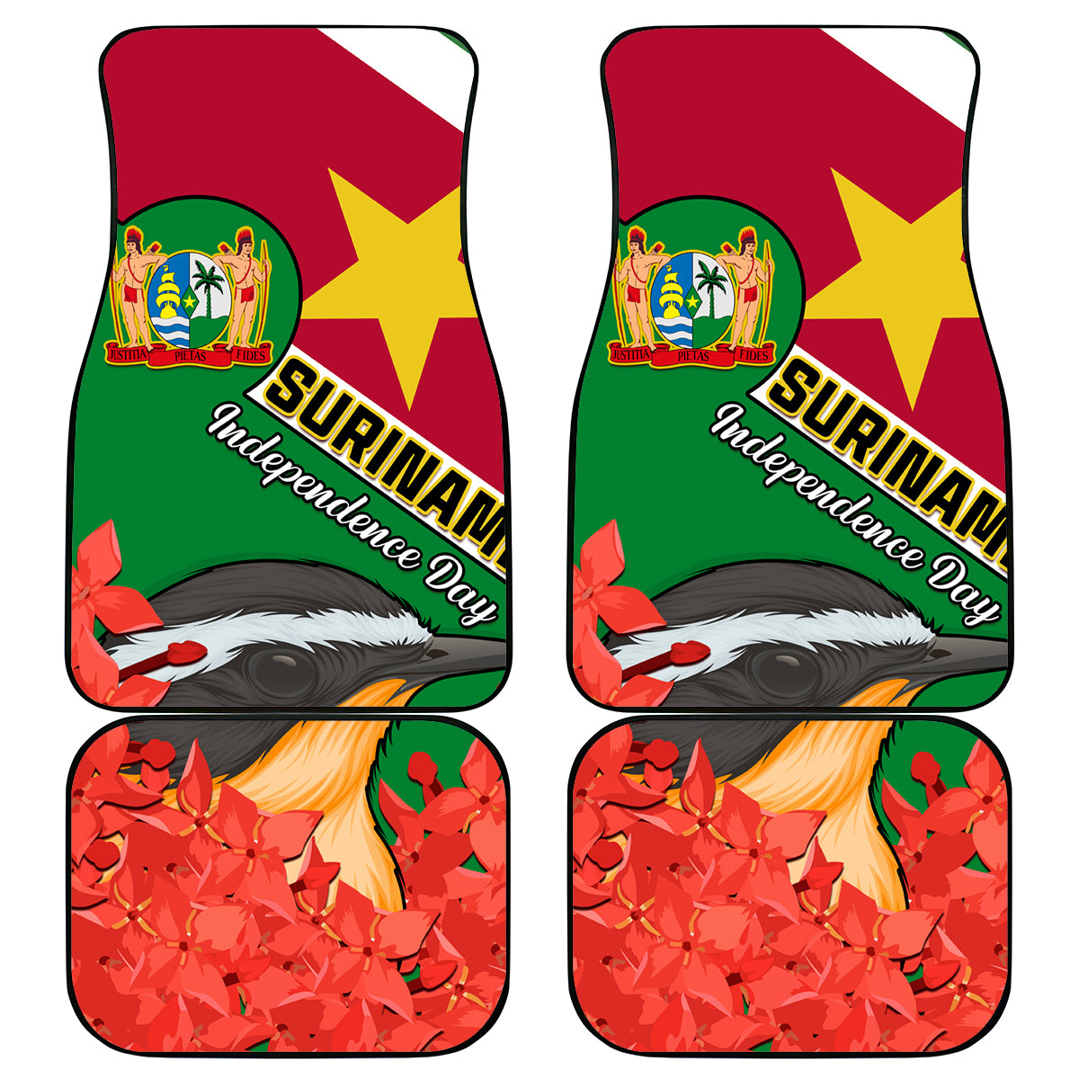 Suriname Independence Day Car Mats Lesser Kiskadee With Scarlet Jungle Flame Flower - Wonder Print Shop