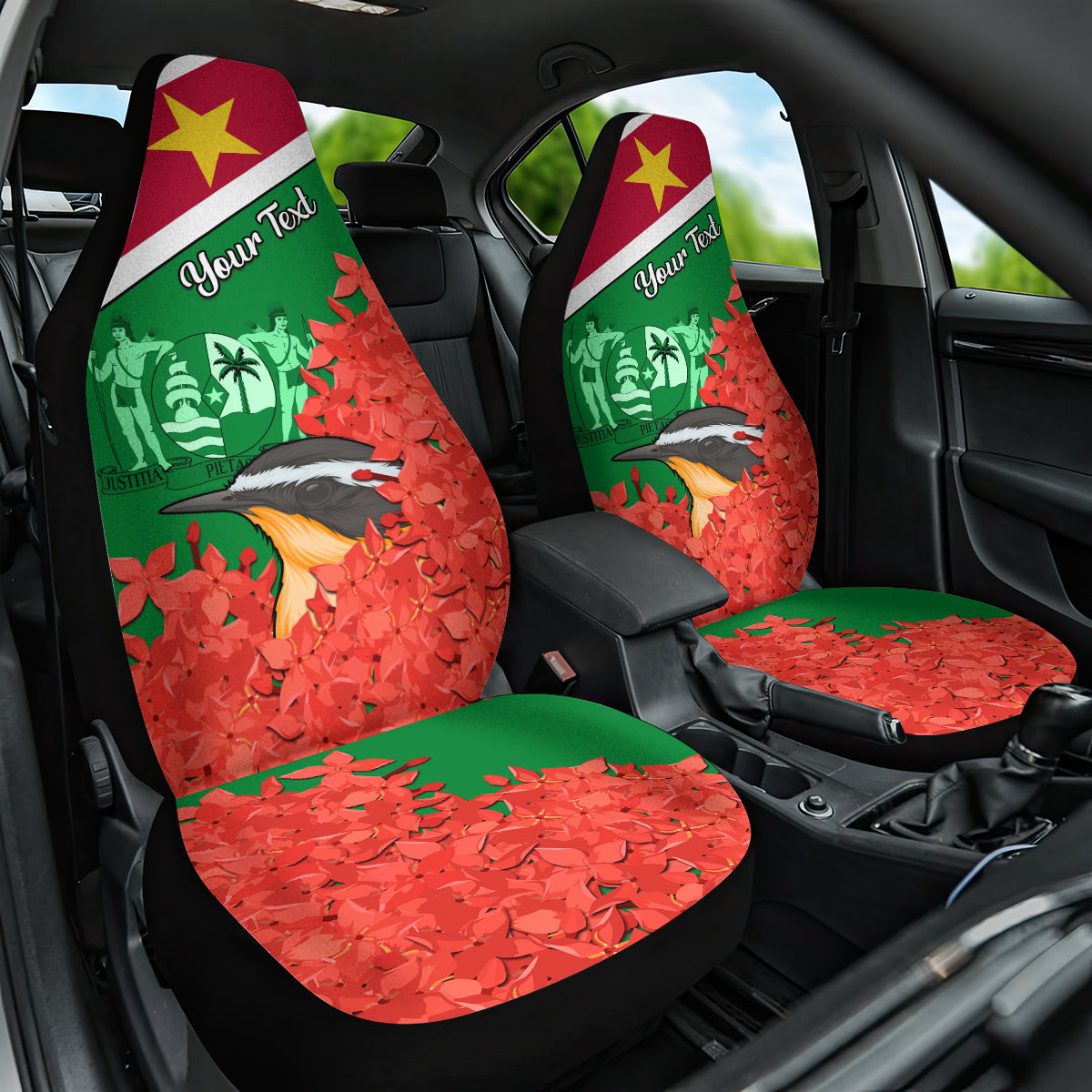 Suriname Independence Day Car Seat Cover Lesser Kiskadee With Scarlet Jungle Flame Flower - Wonder Print Shop