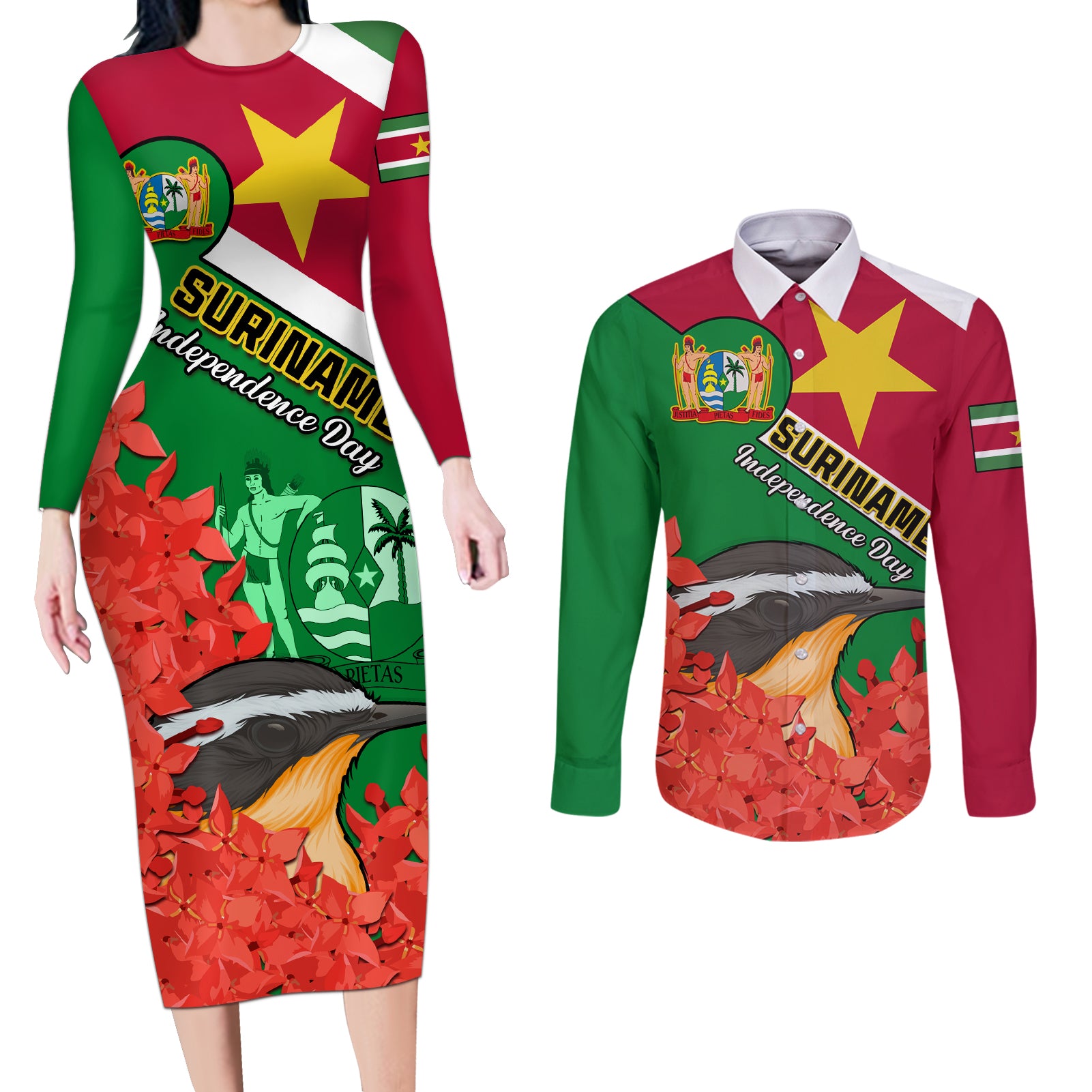 Personalised Suriname Independence Day Couples Matching Long Sleeve Bodycon Dress and Long Sleeve Button Shirt Lesser Kiskadee With Scarlet Jungle Flame Flower - Wonder Print Shop