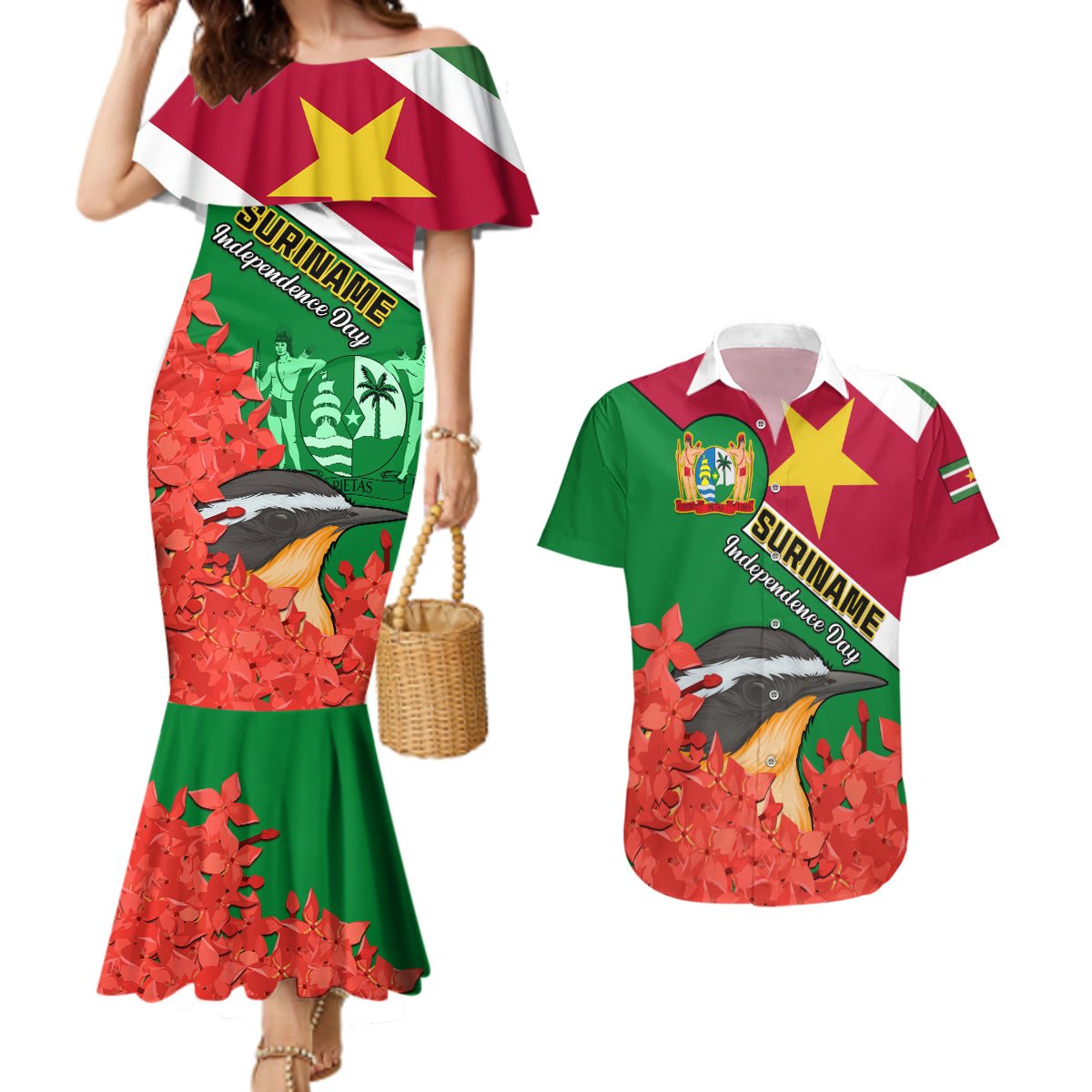 Personalised Suriname Independence Day Couples Matching Mermaid Dress and Hawaiian Shirt Lesser Kiskadee With Scarlet Jungle Flame Flower - Wonder Print Shop