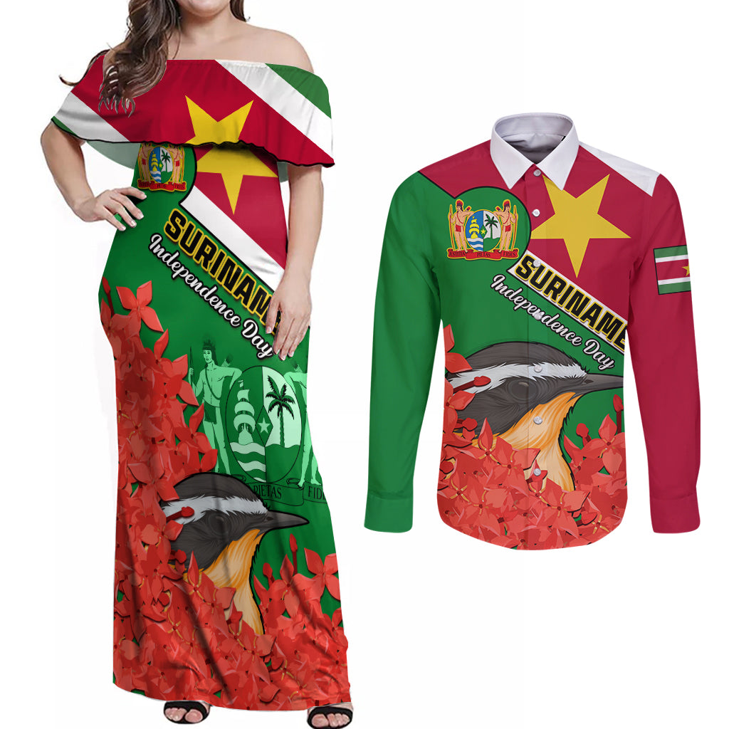 Personalised Suriname Independence Day Couples Matching Off Shoulder Maxi Dress and Long Sleeve Button Shirt Lesser Kiskadee With Scarlet Jungle Flame Flower - Wonder Print Shop