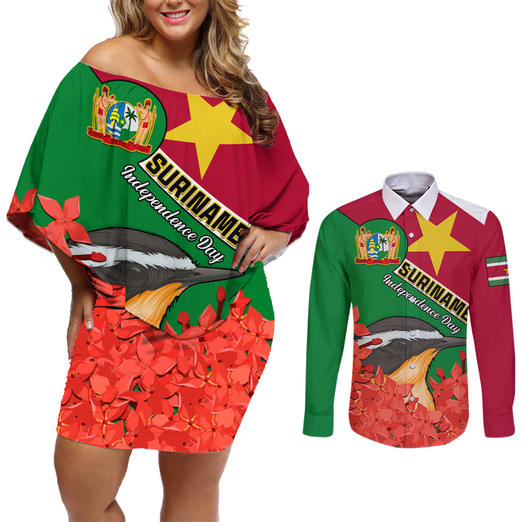 Personalised Suriname Independence Day Couples Matching Off Shoulder Short Dress and Long Sleeve Button Shirt Lesser Kiskadee With Scarlet Jungle Flame Flower - Wonder Print Shop