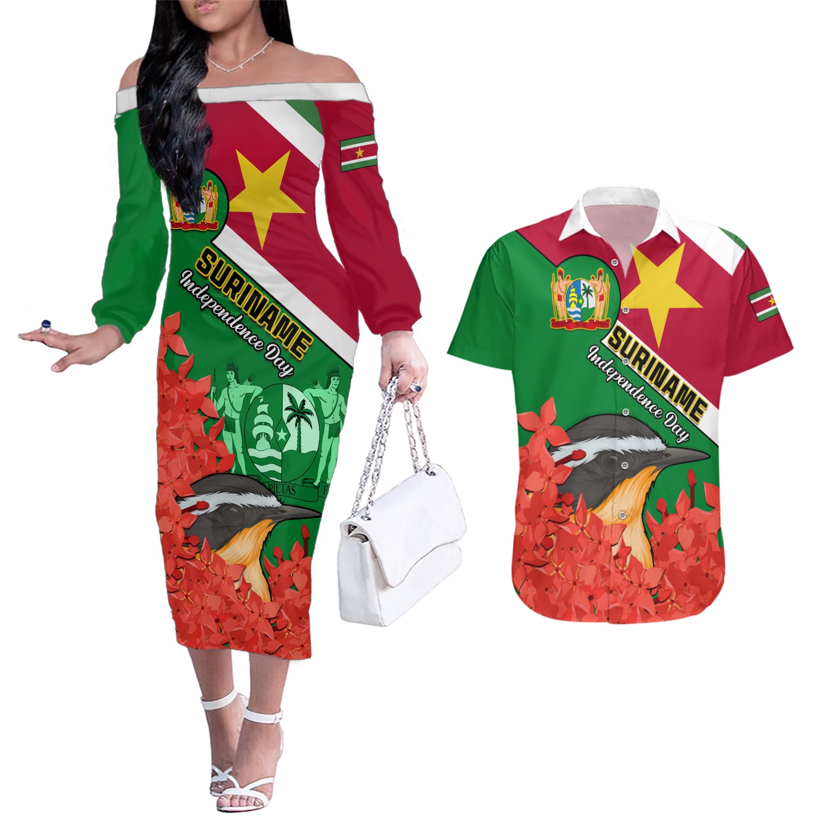 Personalised Suriname Independence Day Couples Matching Off The Shoulder Long Sleeve Dress and Hawaiian Shirt Lesser Kiskadee With Scarlet Jungle Flame Flower - Wonder Print Shop