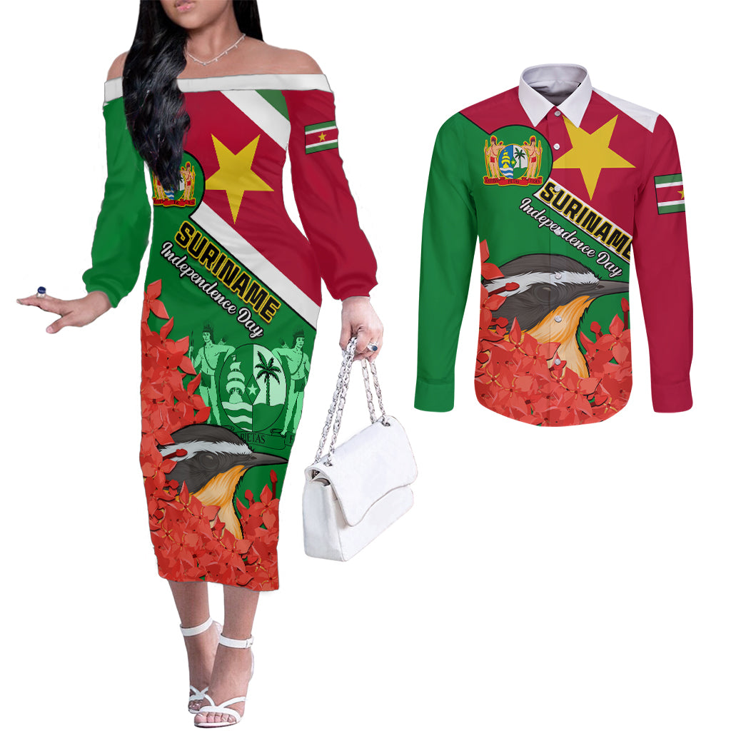 personalised-suriname-independence-day-couples-matching-off-the-shoulder-long-sleeve-dress-and-long-sleeve-button-shirt-lesser-kiskadee-with-scarlet-jungle-flame-flower