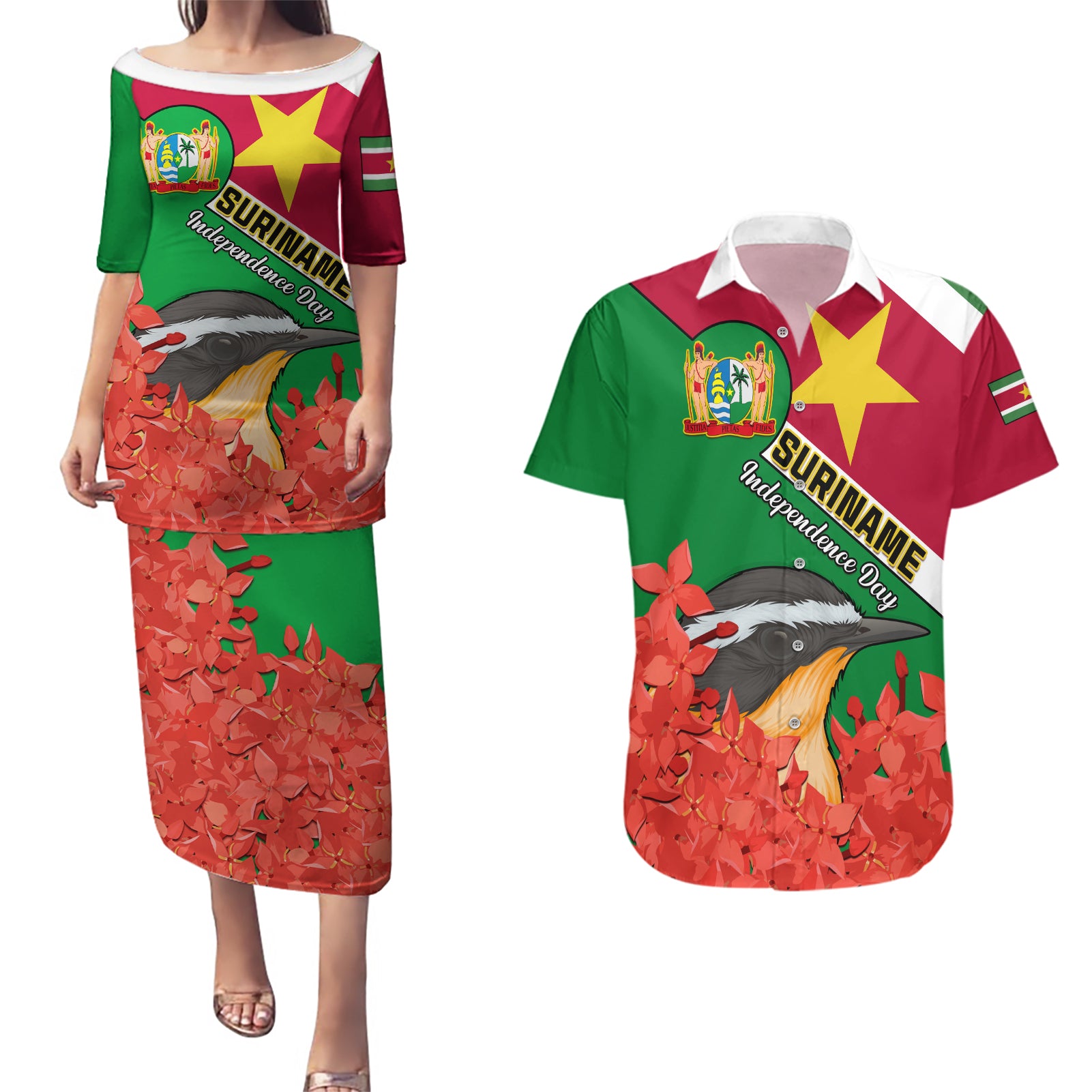 Personalised Suriname Independence Day Couples Matching Puletasi Dress and Hawaiian Shirt Lesser Kiskadee With Scarlet Jungle Flame Flower - Wonder Print Shop