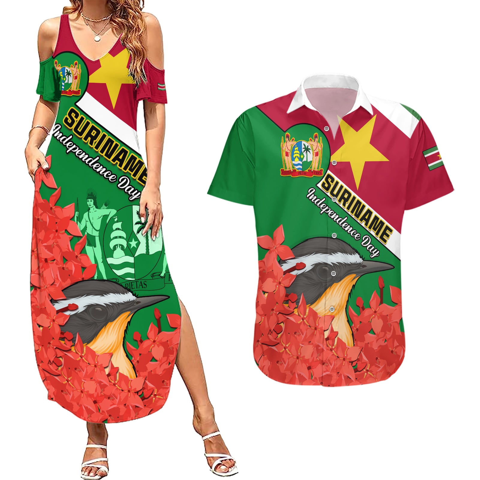 Personalised Suriname Independence Day Couples Matching Summer Maxi Dress and Hawaiian Shirt Lesser Kiskadee With Scarlet Jungle Flame Flower - Wonder Print Shop