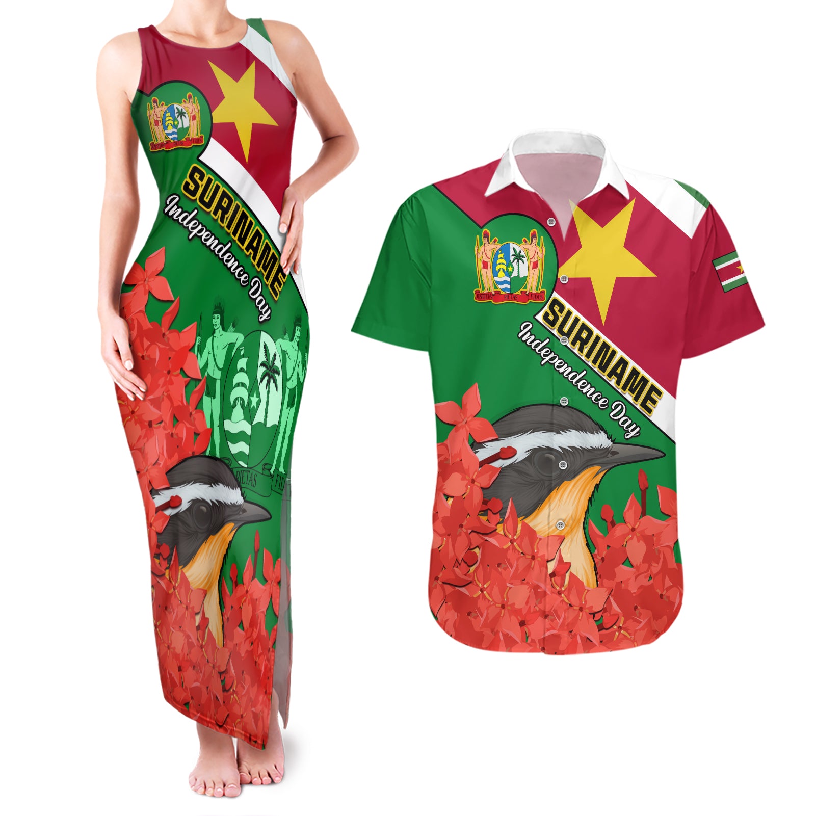 Personalised Suriname Independence Day Couples Matching Tank Maxi Dress and Hawaiian Shirt Lesser Kiskadee With Scarlet Jungle Flame Flower - Wonder Print Shop