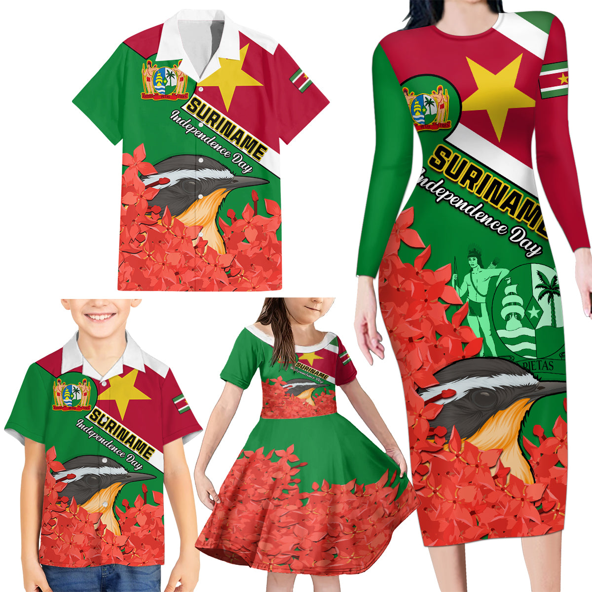 Personalised Suriname Independence Day Family Matching Long Sleeve Bodycon Dress and Hawaiian Shirt Lesser Kiskadee With Scarlet Jungle Flame Flower - Wonder Print Shop