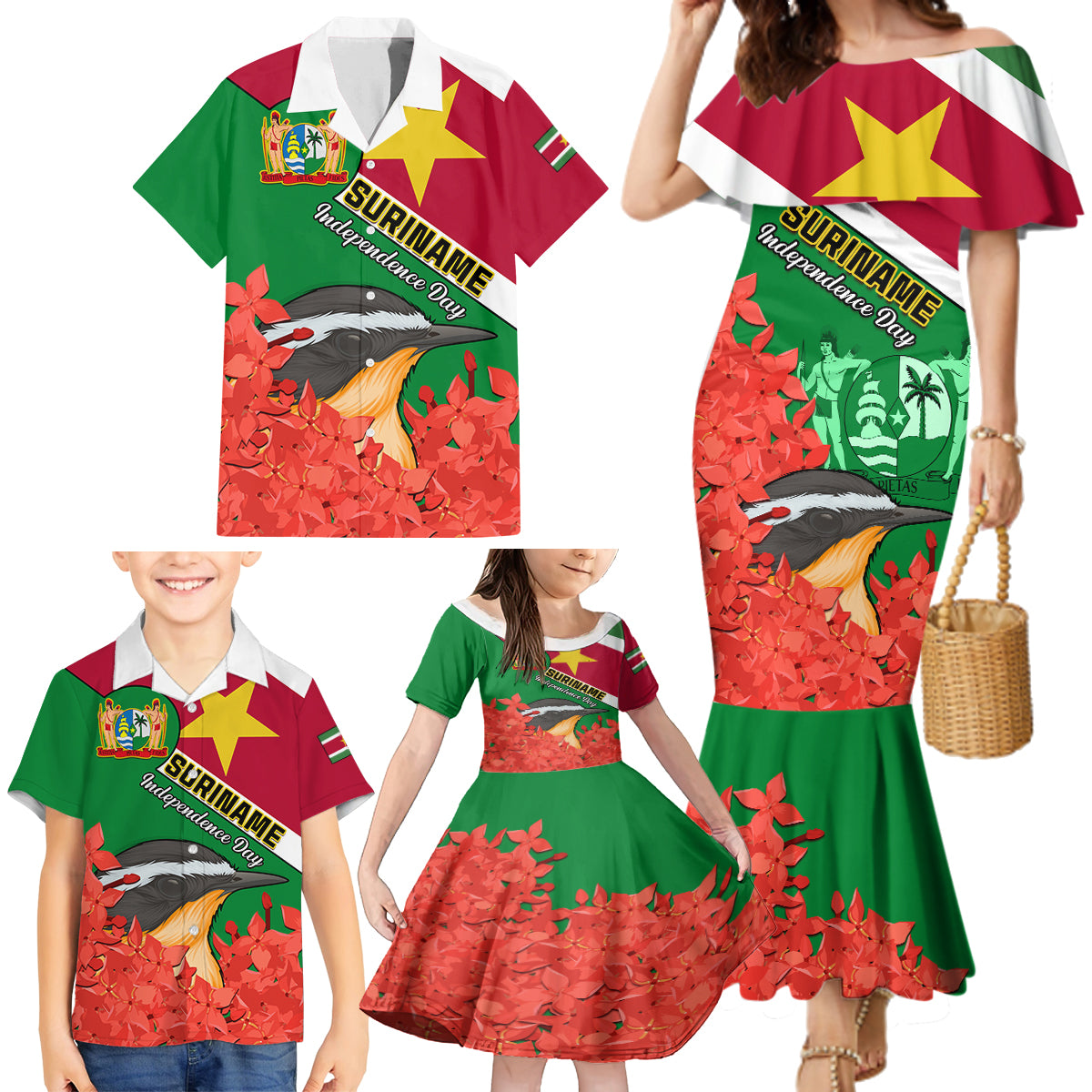 Personalised Suriname Independence Day Family Matching Mermaid Dress and Hawaiian Shirt Lesser Kiskadee With Scarlet Jungle Flame Flower - Wonder Print Shop