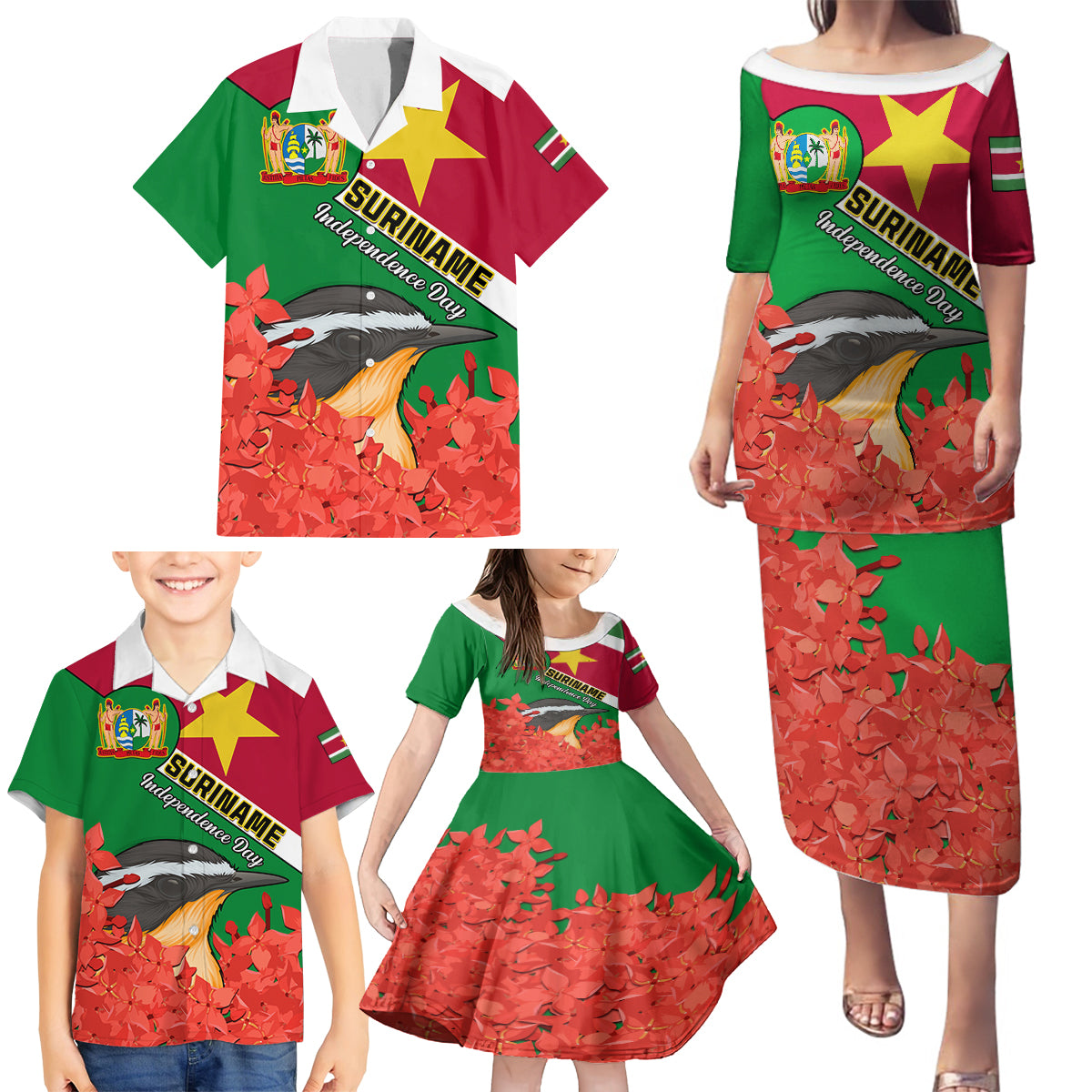 Personalised Suriname Independence Day Family Matching Puletasi Dress and Hawaiian Shirt Lesser Kiskadee With Scarlet Jungle Flame Flower - Wonder Print Shop